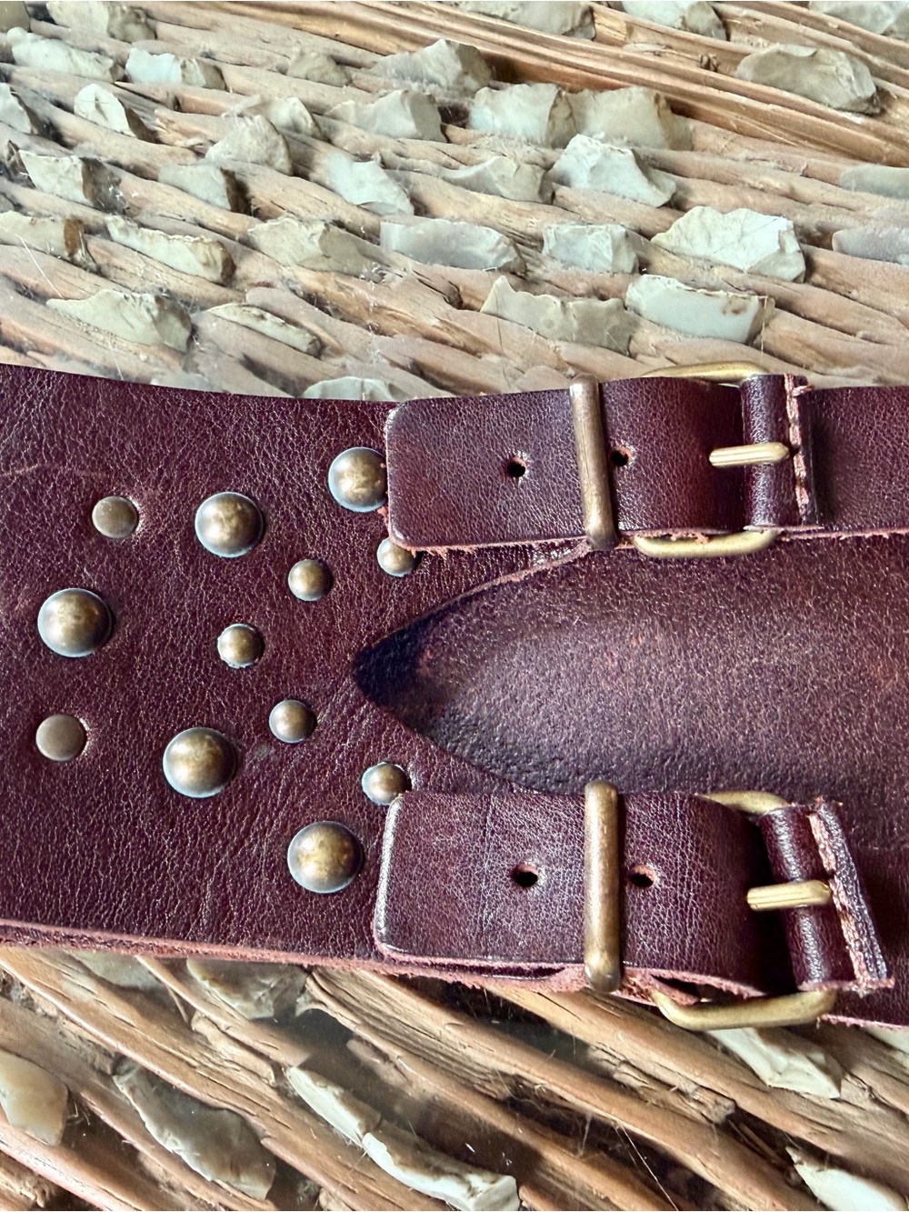 Reiss Brown Studded Leather Double-Buckle Waist Belt, size Large